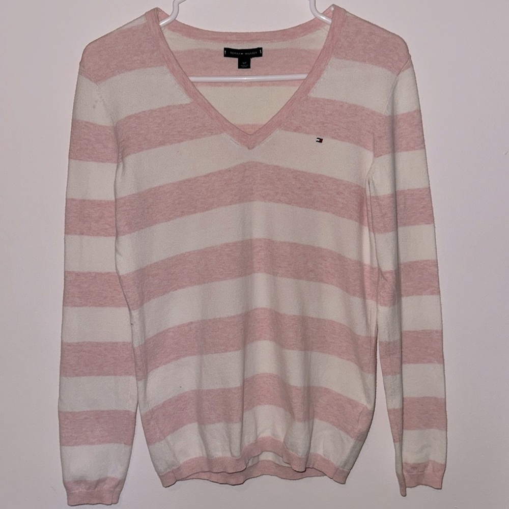NWOT - Tommy Hilfiger White and Pink V-Neck Sweater